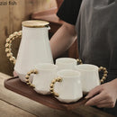 Axya White Ceramic Tea Set with Wooden Tray Teaware Tools Juice Pot Water Bottle