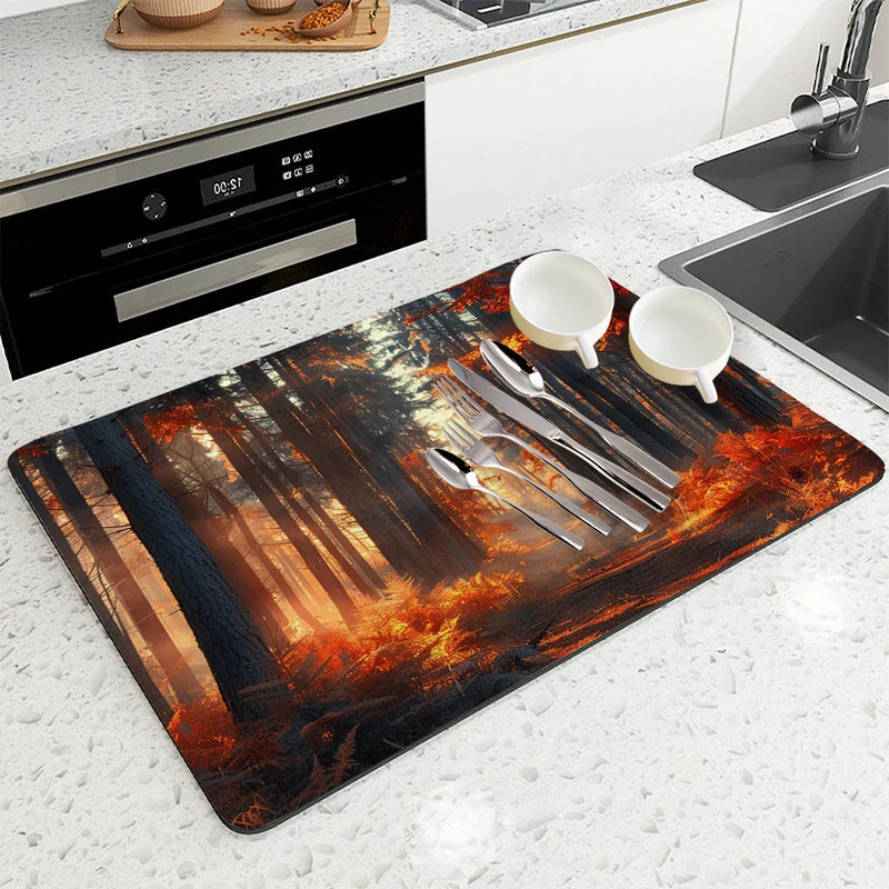Autumn Scenery Kitchen Absorbent Draining Mat by Axyaa - Quick Dry Dish Drying Mat