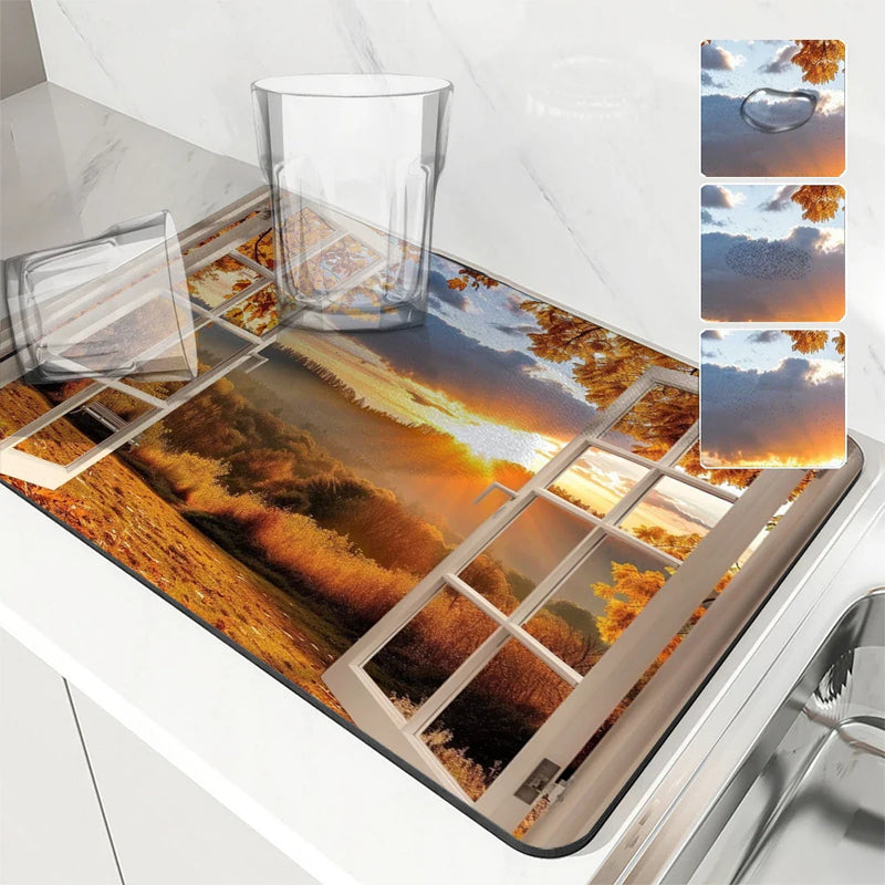 Axyaa Autumn Scenery Coffee Mat | Absorbent Rubber Backed Drying Mat