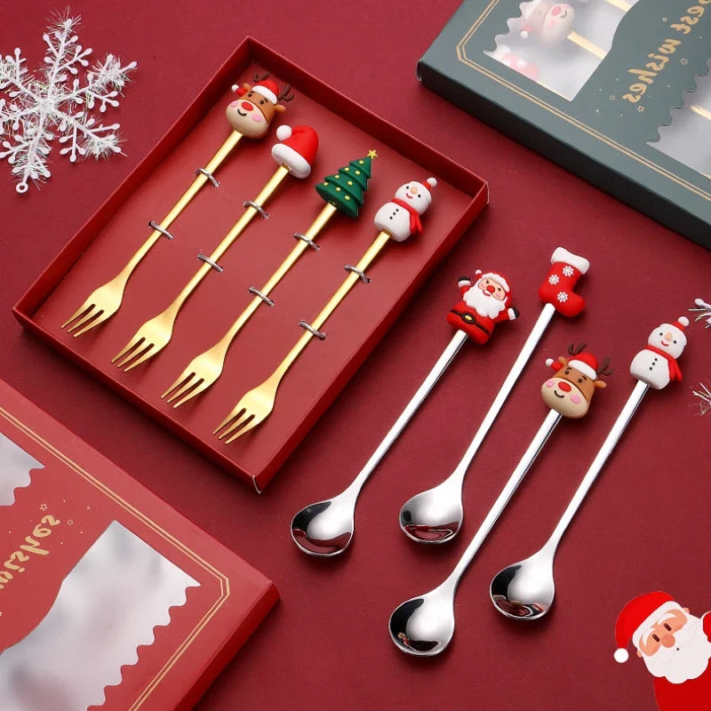 Axyaa Christmas Cutlery Set: Spoon, Fork, Elk Tree Decoration, Dessert Scoop