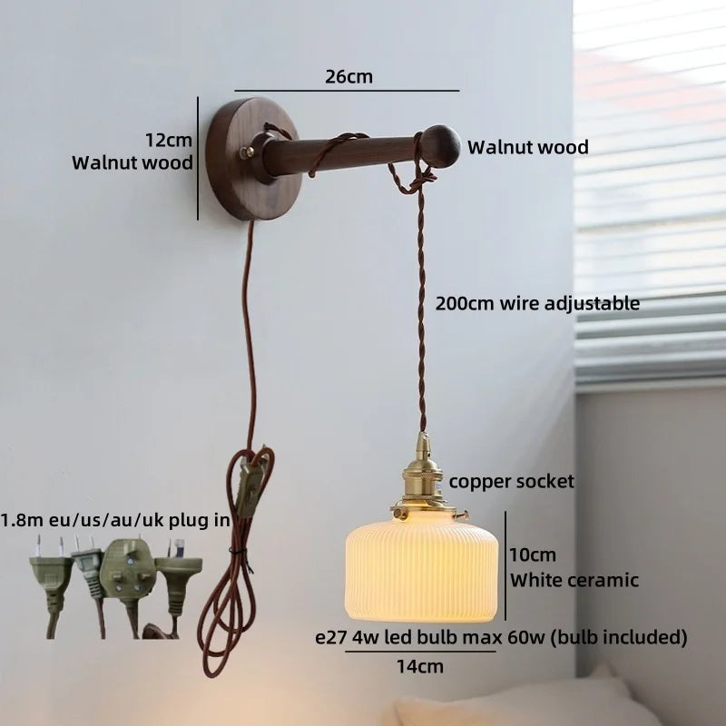 Axyaa Round Ceramic E27 Wall Lamp with Pull Chain Switch and Warm LED Light