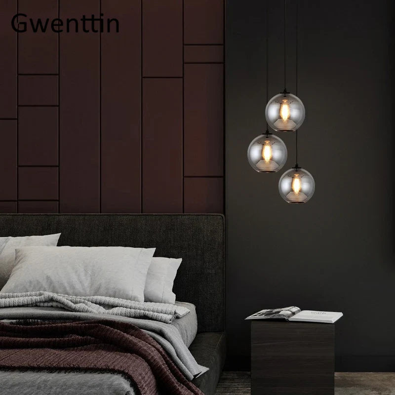 Axyaa Nordic Smoky Gray Glass Pendant Lights LED E27 Industrial Hanging Lamp