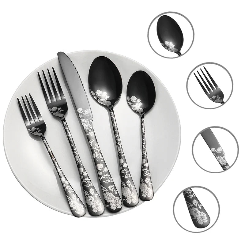 Axyaa 5pcs/20pcs Printed Stainless Steel Tableware Knife Fork Spoon Hotel Steak Set