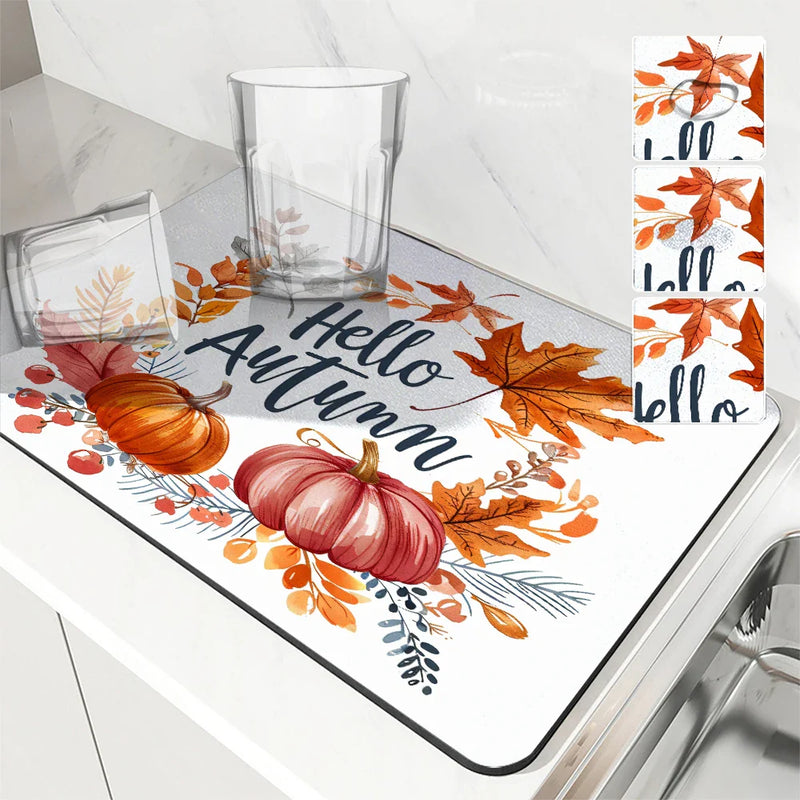 Axyaa Autumn Pumpkin Pine Kitchen Mat • Absorbent & Antiskid • Quick Drain & Tableware Mat
