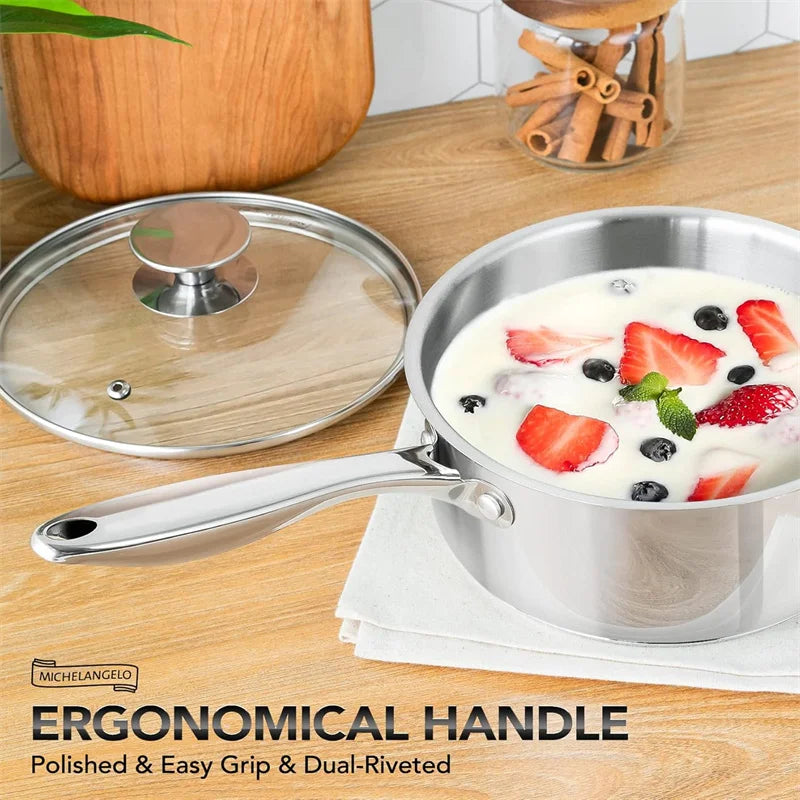 Axyaa 3-qt Stainless Steel Stew Pot with Lid, Induction Compatible, Thick Bottom