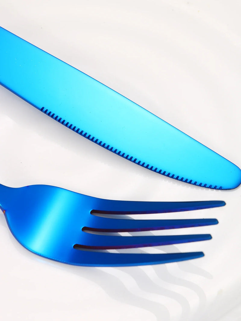 Axyaa 24-Piece Stainless Steel Cutlery Set, Blue Round Handle, Suitable for Home and Hospitality