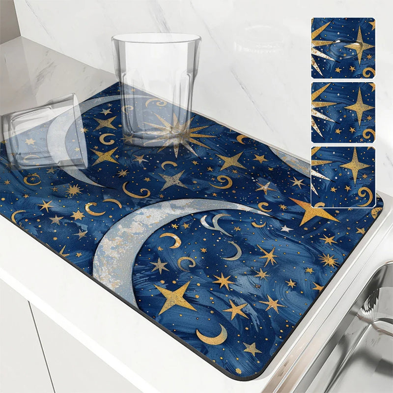 Axyaa Diatom Kitchen Drain Pads: Absorbent, Stars and Moons, Coffee Machine Mat