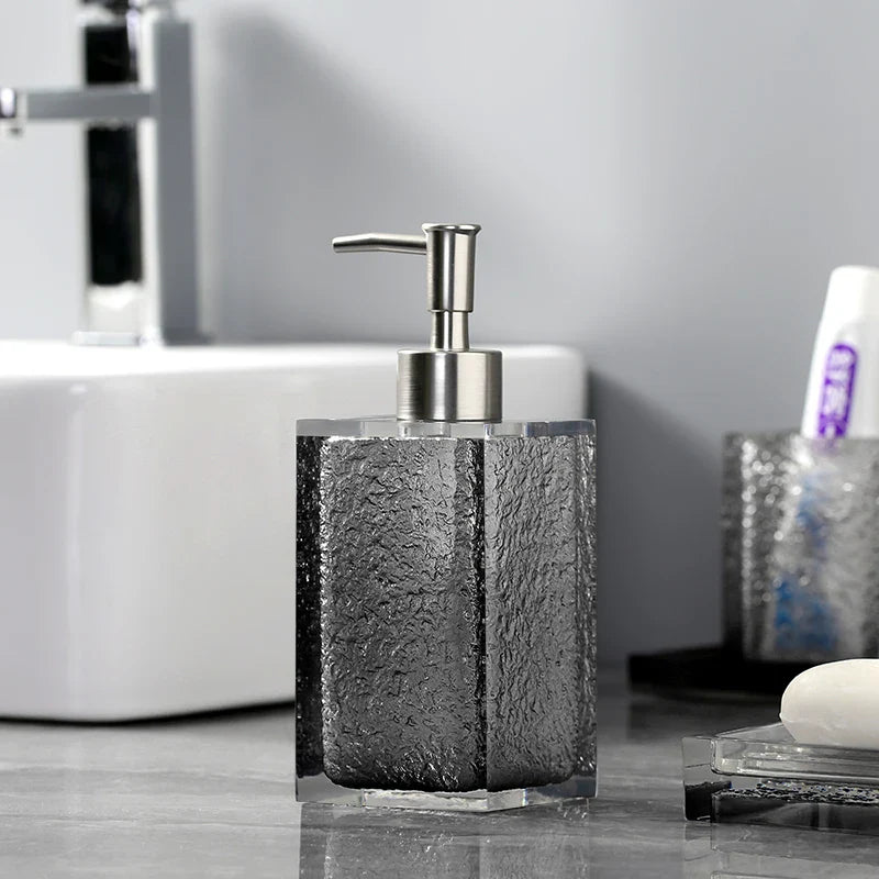 Axya Transparent Gray Bathroom Set: Mouthwash Cup, Storage Tray, Soap Dispenser & Accessories