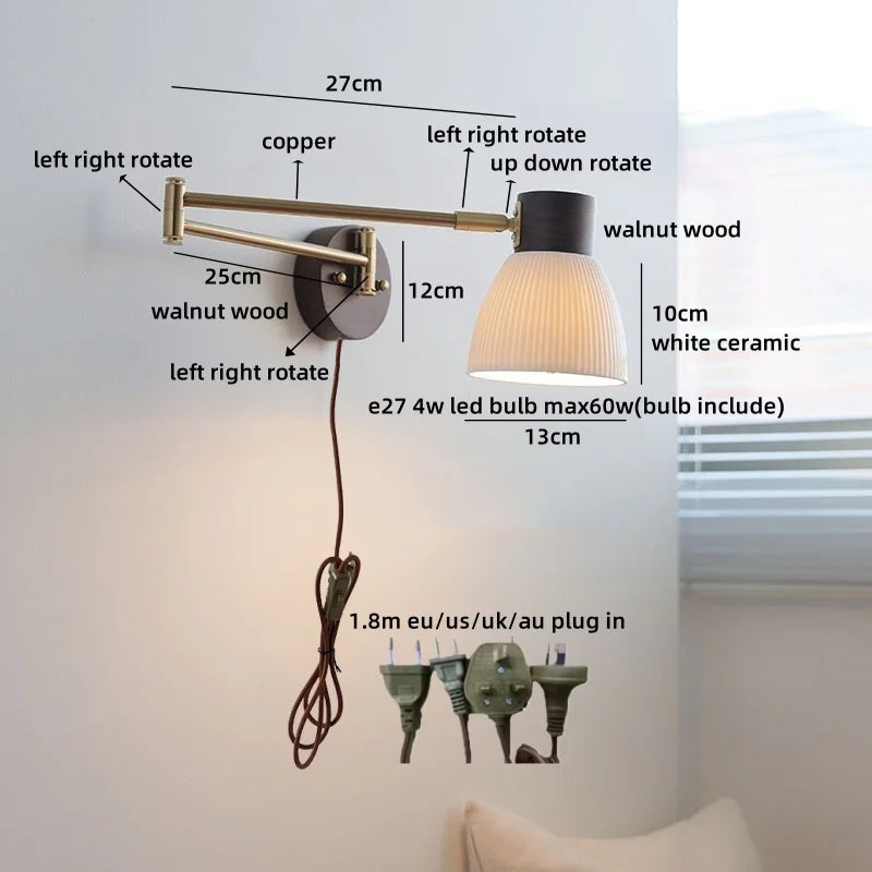 Axyaa Ceramic LED Wall Lamp, Swing Arm Rotate White Interior Light