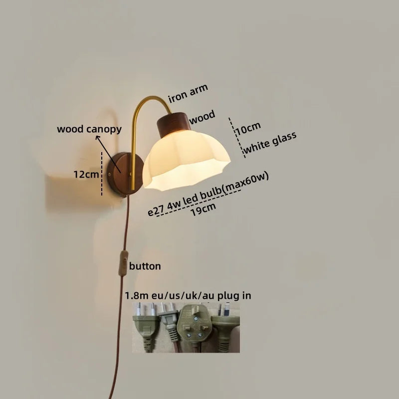 Axyaa Modern Wood Glass LED Wall Light for Bedroom and Living Room