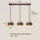 Axyaa LED Wood Pendant Lamp with Natural Stone - Adjustable Wire Hanging Fixture