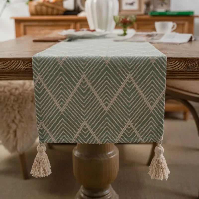 Geometric Jacquard Table Runner with Tassel Trim by Axya