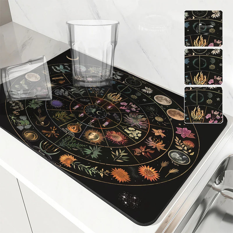 Axyaa Astrology Plants Sun Moon Drying Mat, Non-Slip Absorbent Table Placemat