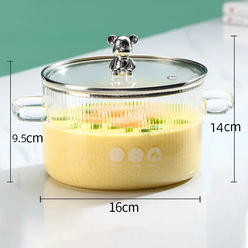 Axyaa Small Bear Glass Noodle Bowl with Cover and Double Ear Handles