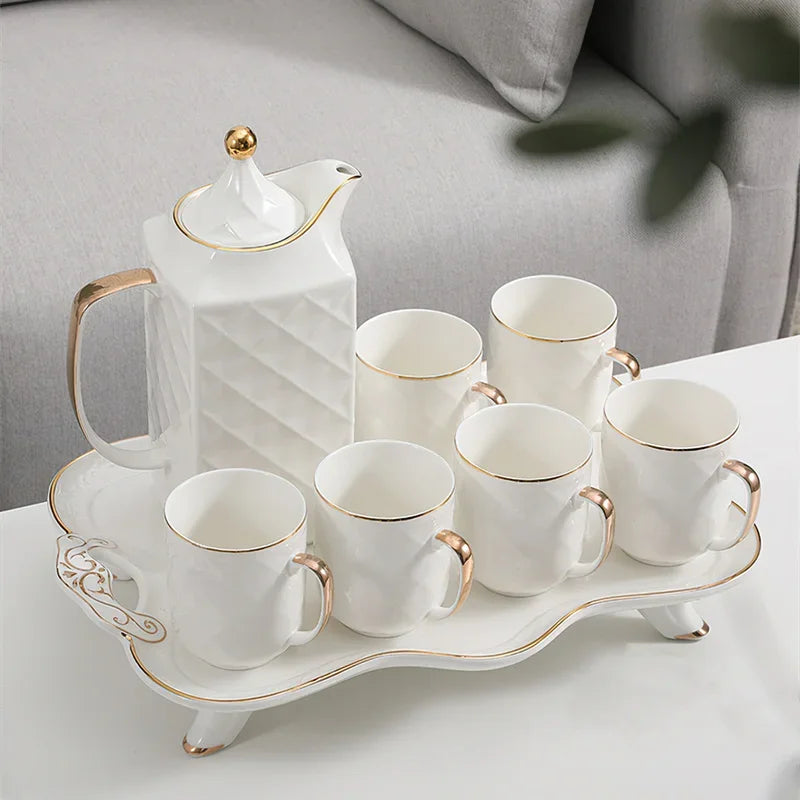 Axya Nordic Gold Ceramic Coffee Set with Tray and Tea Set Pot