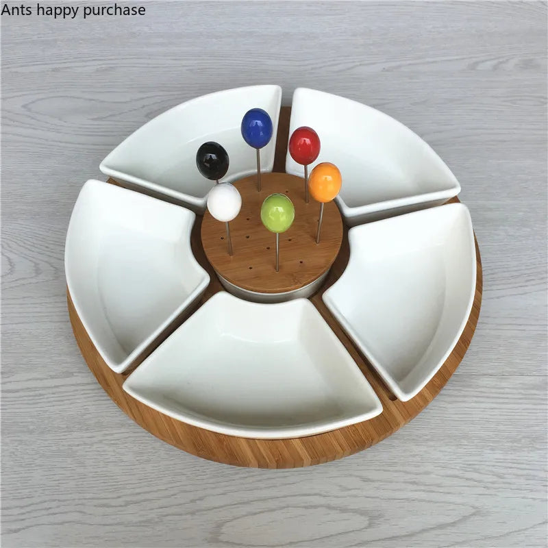 Axya Ceramic Fruit Tray with Bamboo Divider - Snack & Dessert Plate