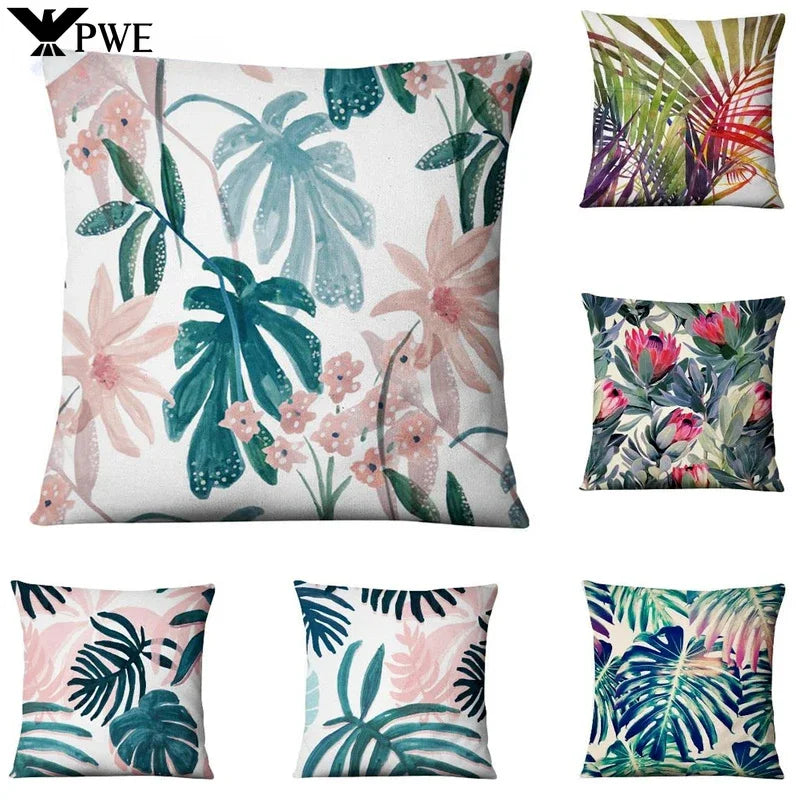 Axyaa Tropical Palm Leaf Print Cushion Cover for Living Room, Bedroom, and Car
