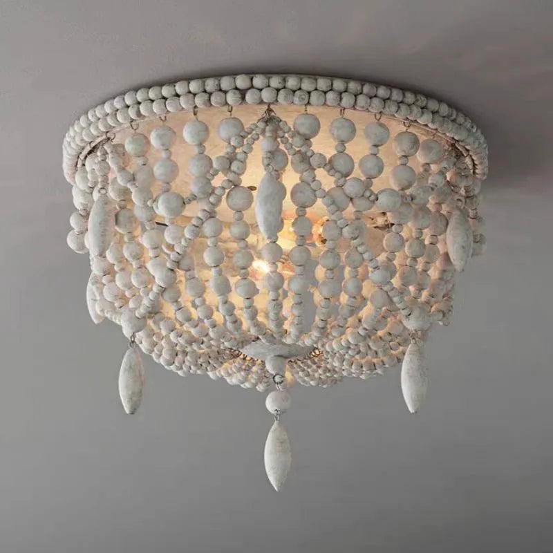 Axyaa Rustic Wood Bead Chandelier LED Round Dining Lamp Boho Bedroom Ceiling Light