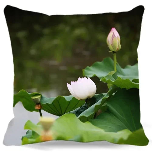 Pink White Lotus Pattern Square Cushion Cover 45X45CM by Axyaa