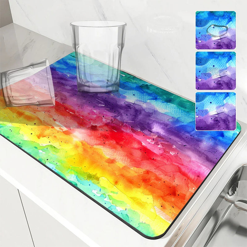 Pride Moon Rainbow Geometric Non-Slip Kitchen Drying Mat by Axyaa