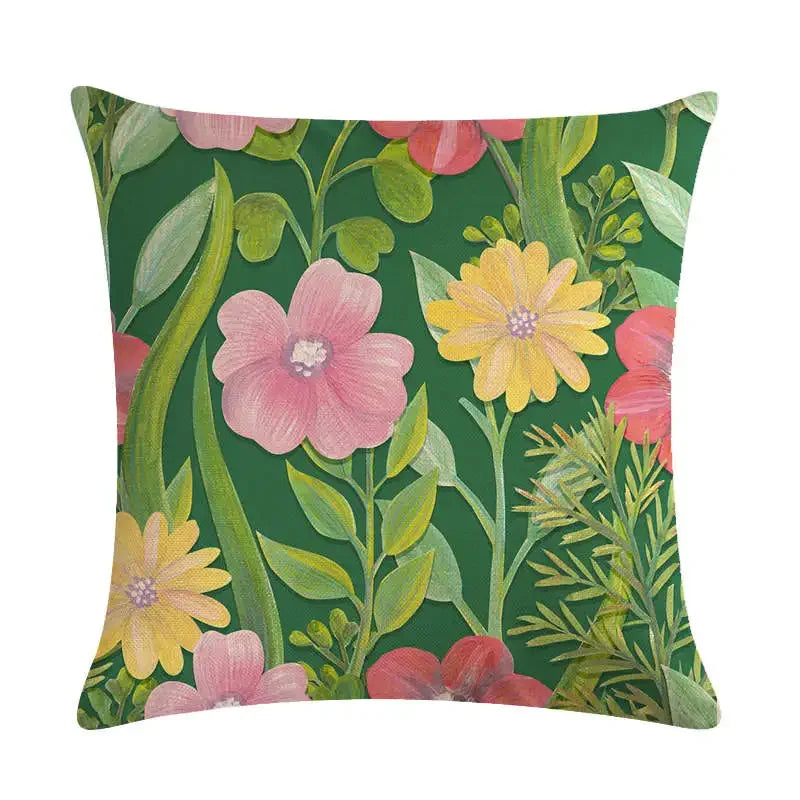 Axyaa Rose Flower Pillow Cover - Green Plant Oil Painting Cushion, Home Decor Case
