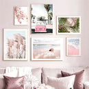 Axyaa Pink Beach Wave Surf Girl Canvas Painting Nordic Art Print
