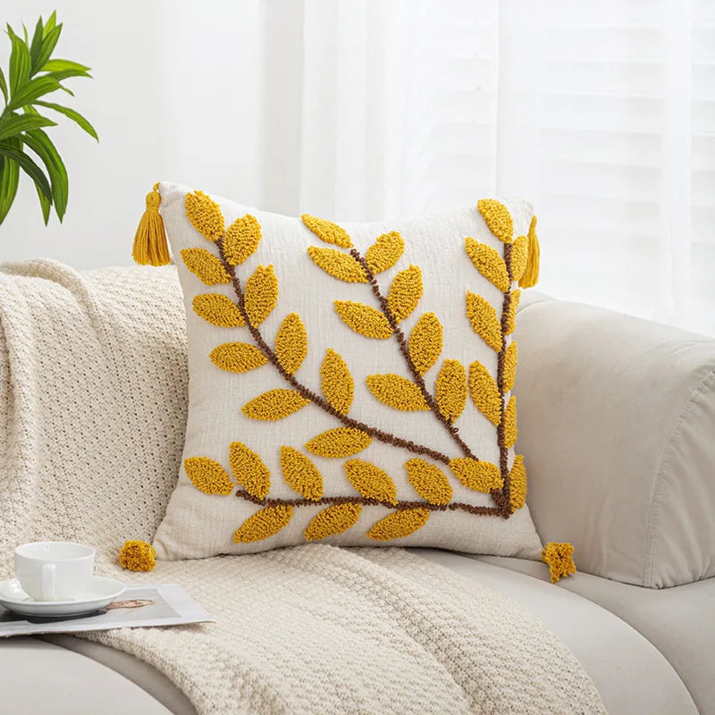 Axyaa Tufted Tulip Plant Leaves Chenille Tassel Cushion Cover for Home Decoration