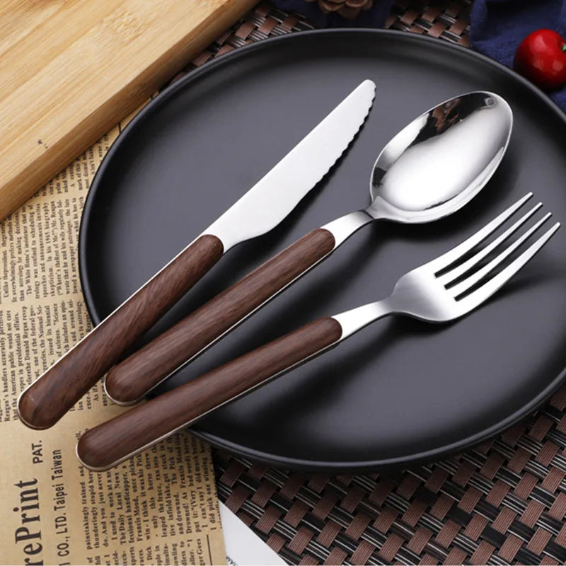 Axyaa Stainless Steel Cutlery Set with Wooden Handle - 16 Piece Dining Set