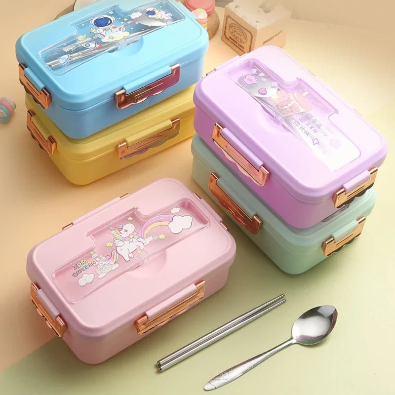 Axyaa Cartoon Pattern Bento Box with Cutlery, 3 Grid, Microwave-Safe Office Lunch Box