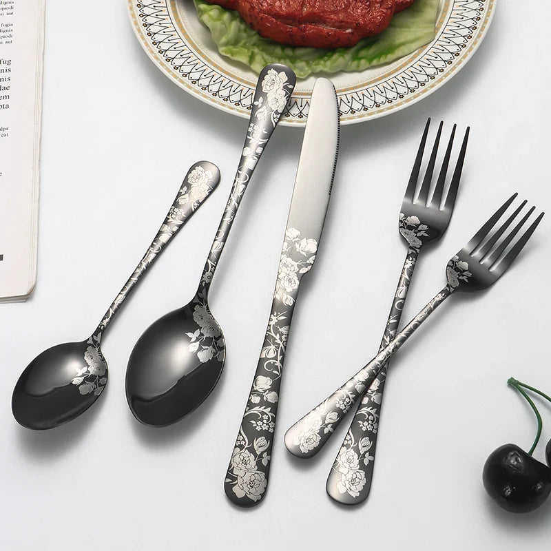 Axyaa 5pcs/20pcs Printed Stainless Steel Tableware Knife Fork Spoon Hotel Steak Set