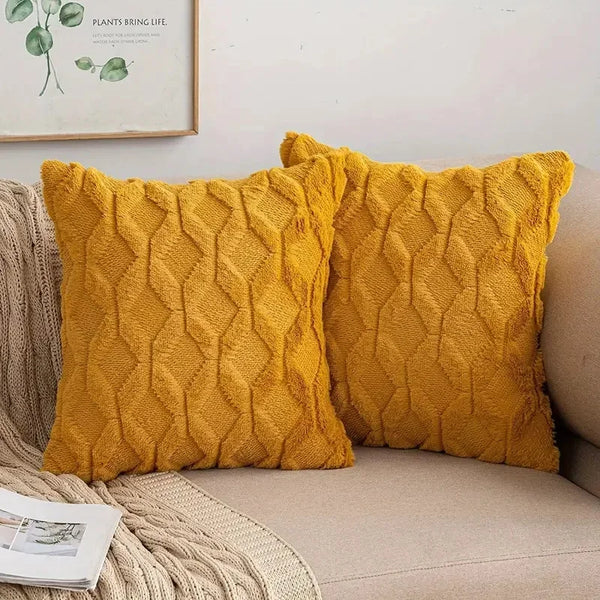 Axyaa Yellow Plush Geometry Pillow Cover 18x18inch