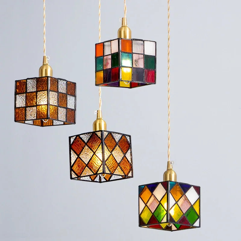 Axyaa Tiffany Cube Pendant Chandelier Stained Glass Light Fixture for Home Decor