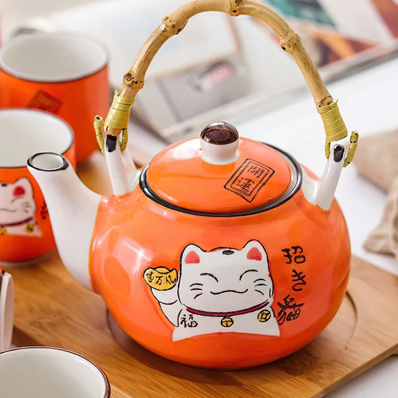 Axya Lucky Cat Ceramic Tea Set with Wooden Tray and Tea Cups