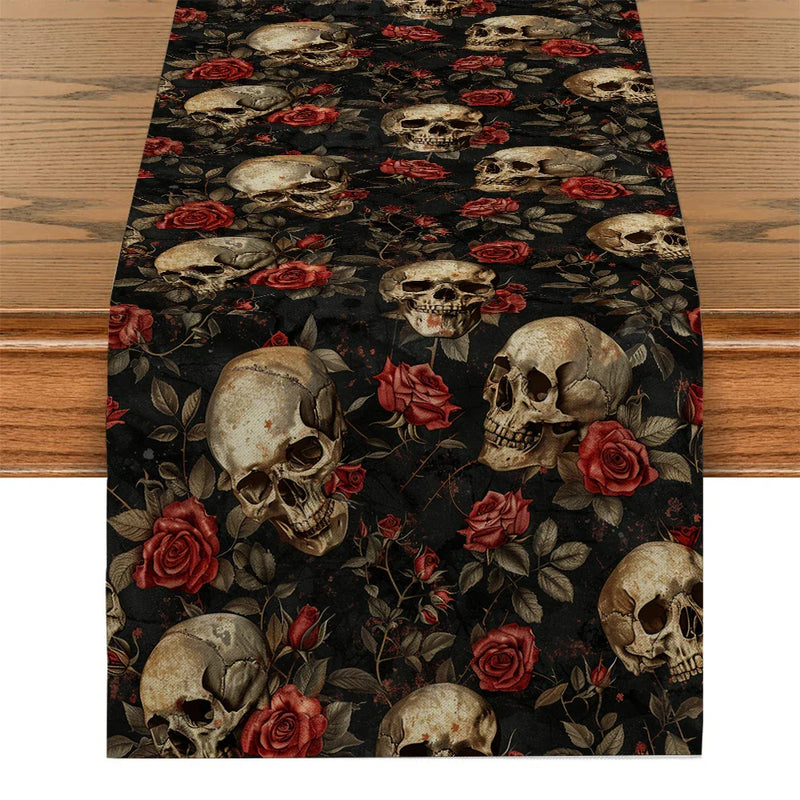 Axyaa Skull Rose Table Runner: Washable, Indoor Outdoor Dining Decoration