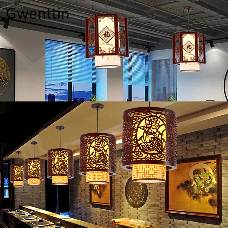 Axyaa Antique Wood Pendant Lights: Chinese Style LED Dining Room Hanging Lamp Luminaire