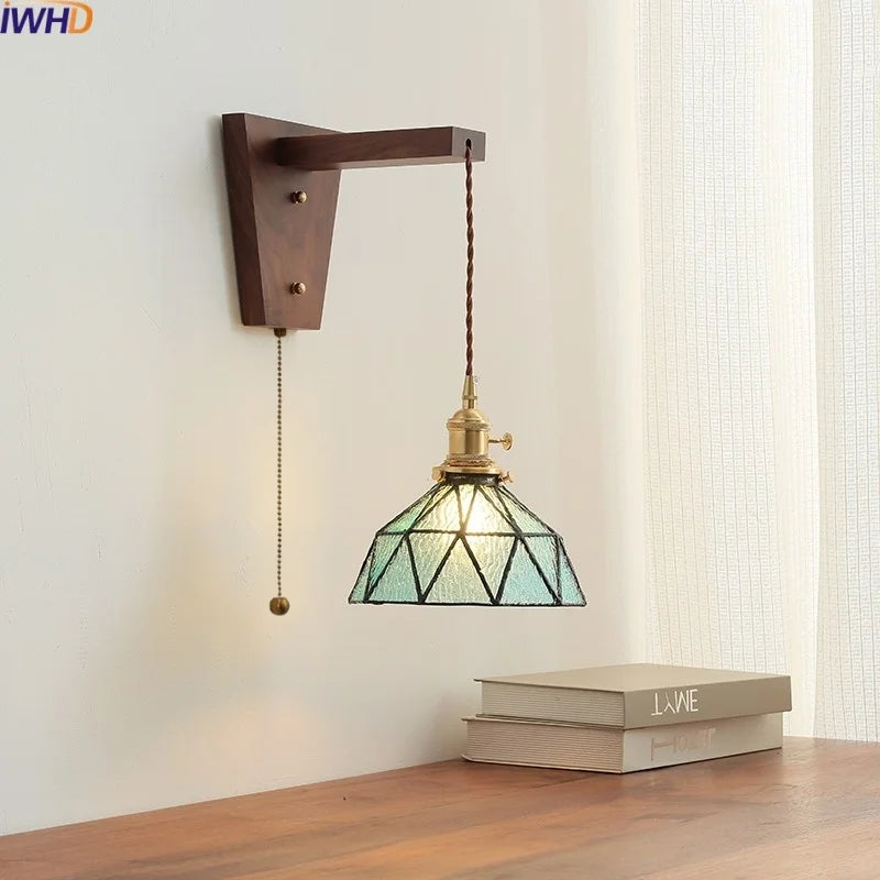 Axyaa Walnut Glass Pull Chain LED Wall Light Fixture for Home Decor