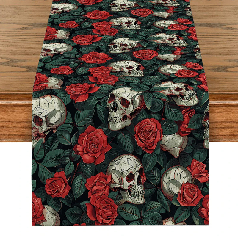 Axyaa Skull Rose Table Runner: Washable, Indoor Outdoor Dining Decoration