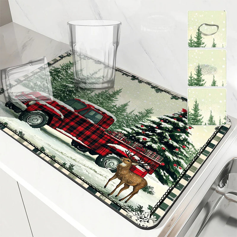 Axyaa Coffee Mat: Christmas Absorbent Draining Mat with Rubber Backing