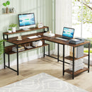 Axyaa 59" L-Shaped Desk with Monitor Stand & Storage Shelves, Rustic Brown