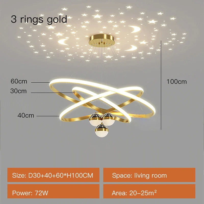 Axyaa Starry Sky Projection LED Chandelier in Black/Gold - Hanging Pendant Lights for Home