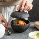 Axyaa Stone Patterned Frosted Ceramic Bowl with Lid - Solid Color Dessert & Soup Bowl