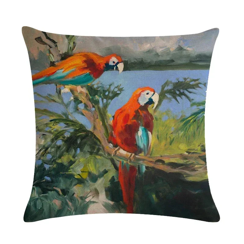 Retro Parrot Oil Painting Pillow Cover for Home Decor by Axyaa