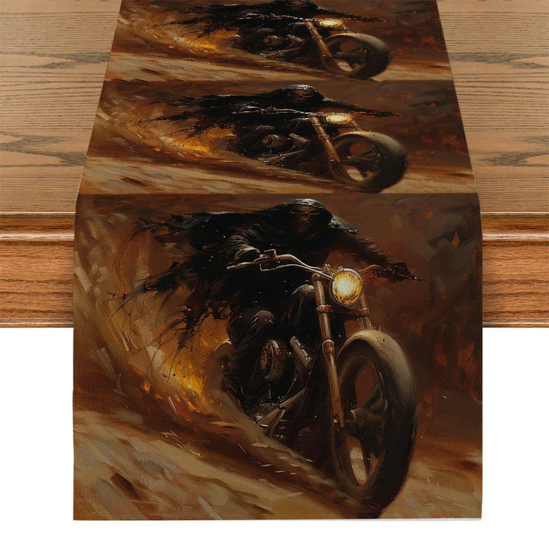 Axyaa Halloween Skull Motorcycle Table Runner Farmhouse Dining Decor Washable Long Cloth