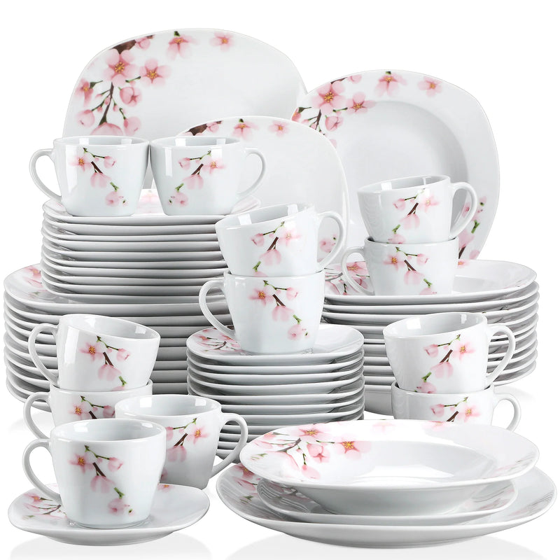 Axya Pink Floral Porcelain Plate Set for 12 - 60 Piece