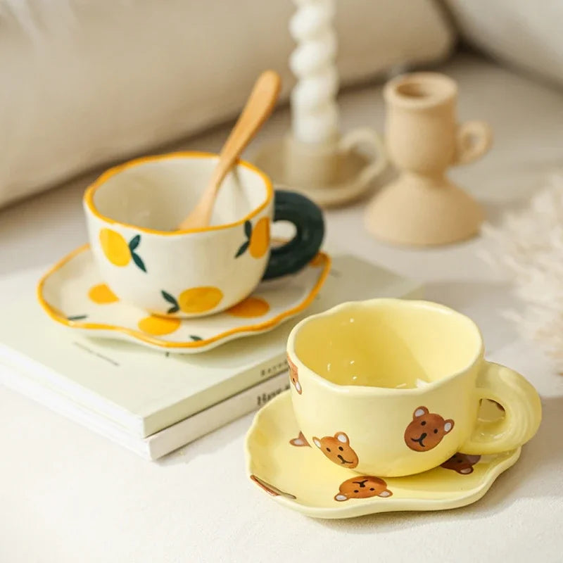Ceramic Coffee Mug Set Creative Hand-painted Tea Cup with Saucer by Axyaa