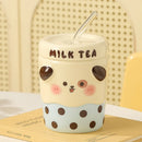 Axyaa Cartoon Milk Tea Ceramic Couple Mugs with Lid, Ceramic Straw Cup for Home and Office