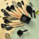 Axyaa 34-Piece Silicone Utensils Set with Wooden Handles