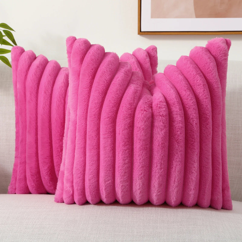 Axyaa 16x16 Faux Fur Striped Pillow Covers 2pcs - Soft Plush Velvet Back