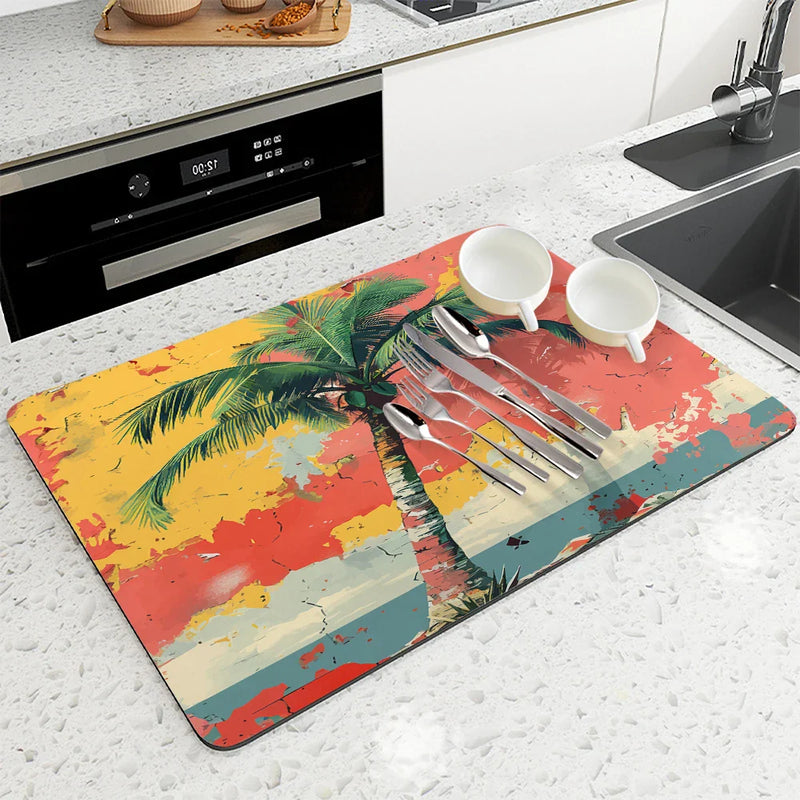 Tropical Plants Drying Mat by Axyaa: Non-Slip Absorbent Tableware Mat