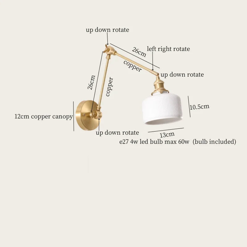 Axyaa Ceramic LED Wall Lamp Pull Chain Switch Nordic Copper Wandlamp